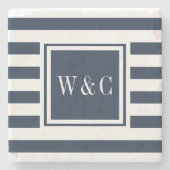 Stilvolle Monogram Initials Navy Blue White Stripe Steinuntersetzer (Vorderseite)