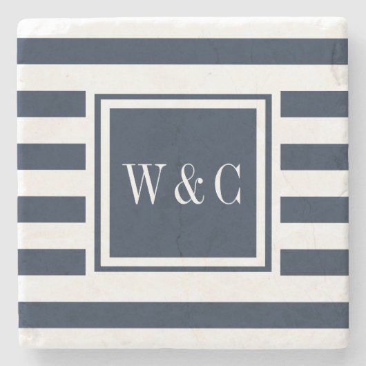 Stilvolle Monogram Initials Navy Blue White Stripe Steinuntersetzer (Vorderseite)
