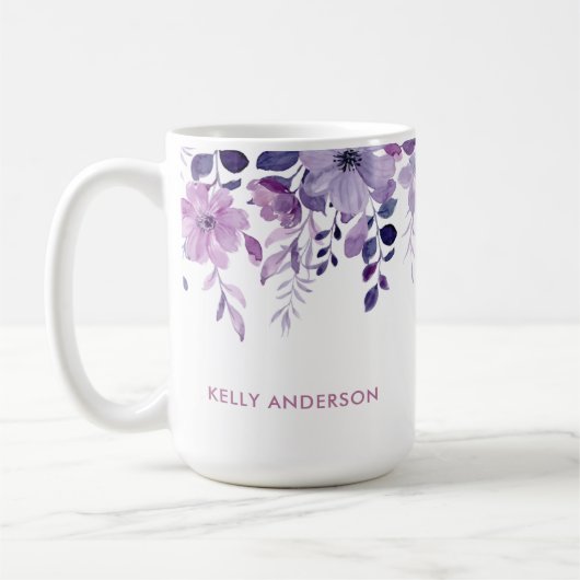 Stilvolle Monogram Lila Aquarellblume Kaffeetasse (Links)