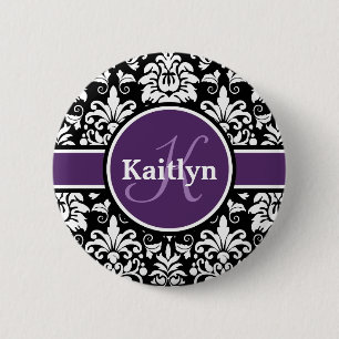 Stilvolle Monogram Lila Schwarz-weiße Damaske Button