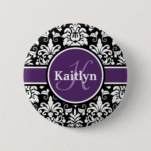 Stilvolle Monogram Lila Schwarz-weiße Damaske Button (Vorderseite)