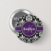 Stilvolle Monogram Lila Schwarz-weiße Damaske Button (Vorne & Hinten)