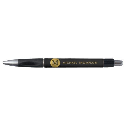 Stilvolle Monogram Moderne Elegante Black Gold Kugelschreiber (Vorderseite)