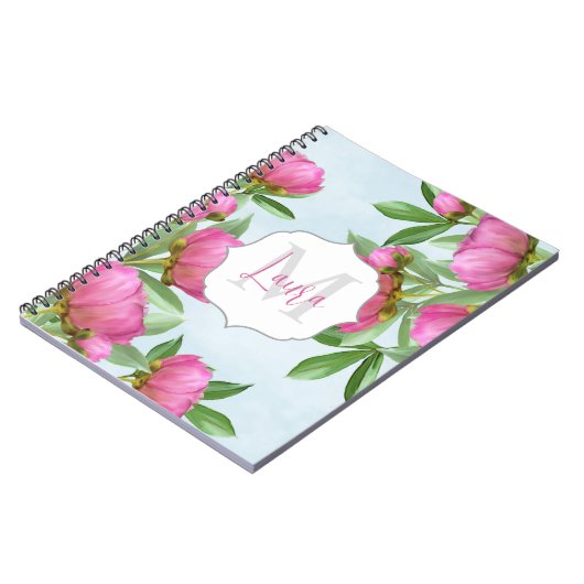 Stilvolle Monogram Pink Botanical Peonies Elegant Notizblock (Linke Seite)