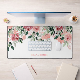 Stilvolle Monogram Pink & Green Aquarellblume Schreibtischunterlage