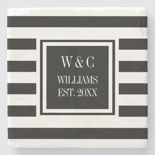 Stilvolle Monogram Schwarz-weiß Stripe Steinuntersetzer (Vorderseite)