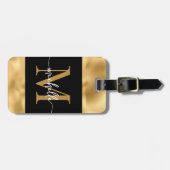 Stilvolle Monogram Script Black and Gold Metallic Gepäckanhänger (Vorderseite horizontal)