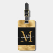 Stilvolle Monogram Script Black and Gold Metallic Gepäckanhänger (Vorderseite vertikal)