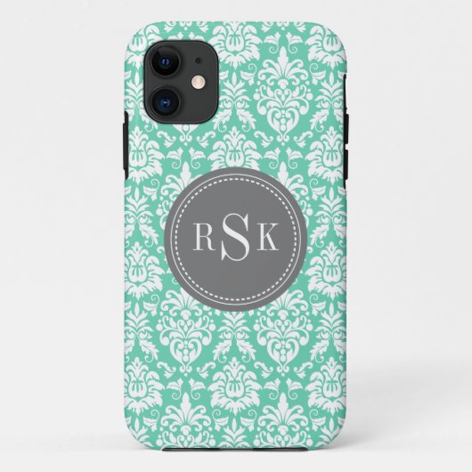 Stilvolle Monogram Trio Mint Damask Case-Mate iPhone Hülle (Rückseite)