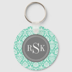 Stilvolle Monogram Trio Mint Damask Schlüsselanhänger