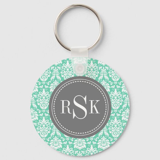 Stilvolle Monogram Trio Mint Damask Schlüsselanhänger (Vorderseite)