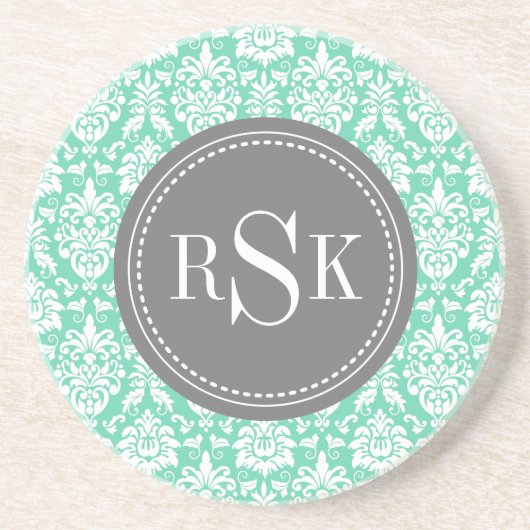 Stilvolle Monogram Trio Mint Damask Untersetzer (Vorne)