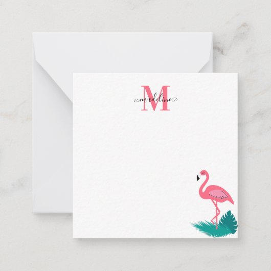 Stilvolle Monogram Tropical Pink Flamingo Square 2 Mitteilungskarte (Vorderseite)