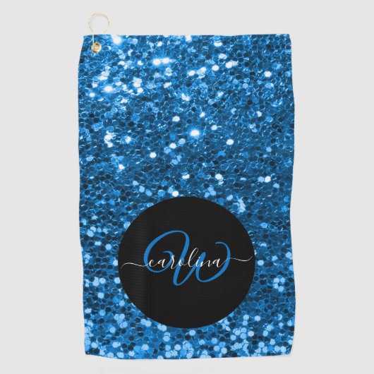 Stilvolle monogramm blauer Glitzer schwarz Golfhandtuch (Vorderseite)