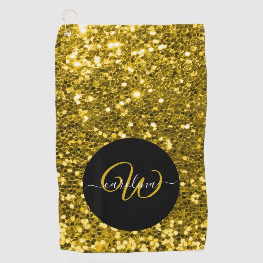 Stilvolle monogramm goldene Glitzer schwarz Golfhandtuch (Vorderseite)