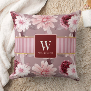 Stilvolle Monogramm Name Magenta Pink Floral Strei Kissen