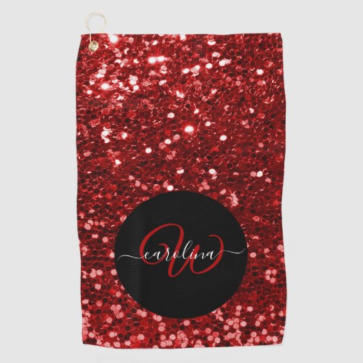 Stilvolle monogramm rote Glitzer schwarz Golfhandtuch (Vorderseite)