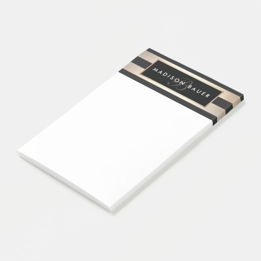 Stilvolle Monogramm Streifen Schwarz und Gold Post-it Klebezettel (angewinkelt)