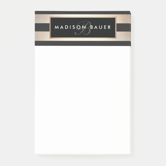 Stilvolle Monogramm Streifen Schwarz und Gold Post-it Klebezettel (Vorderseite)