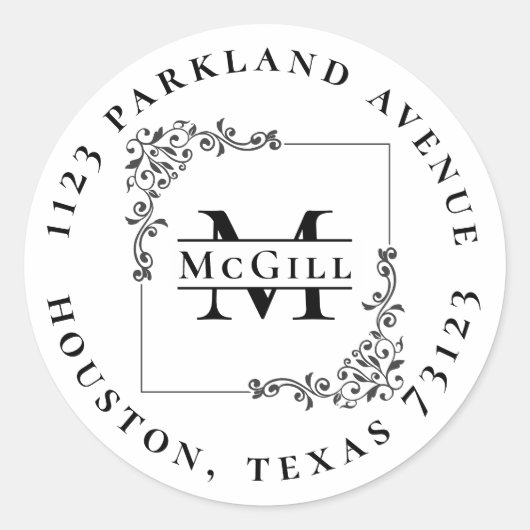 Stilvolle Monogramm- und Nachname-Rücksendeadresse Runder Aufkleber (Vorderseite)