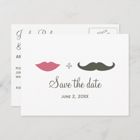 Stilvolle Mustache und Lips Save the Date Ankündigungspostkarte (Vorne/Hinten)