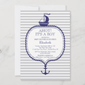 Stilvolle Nautical Gray Blue Sailboat Baby Dusche Einladung (Vorderseite)