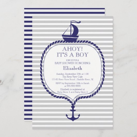Stilvolle Nautical Gray Blue Sailboat Baby Dusche Einladung (Vorne/Hinten)