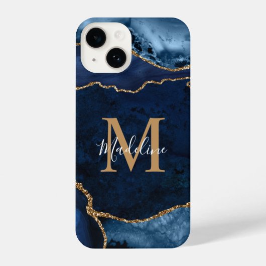 Stilvolle Navy Blue Agate Geode Gold Script Monogr iPhone Hülle (Rückseite)
