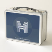 Stilvolle Navy Blue Geometric Modern Monogram Metall Brotdose (Rückseite)