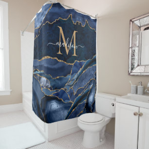 Stilvolle Navy Blue Gold Agate Geode Chic Monogram Duschvorhang