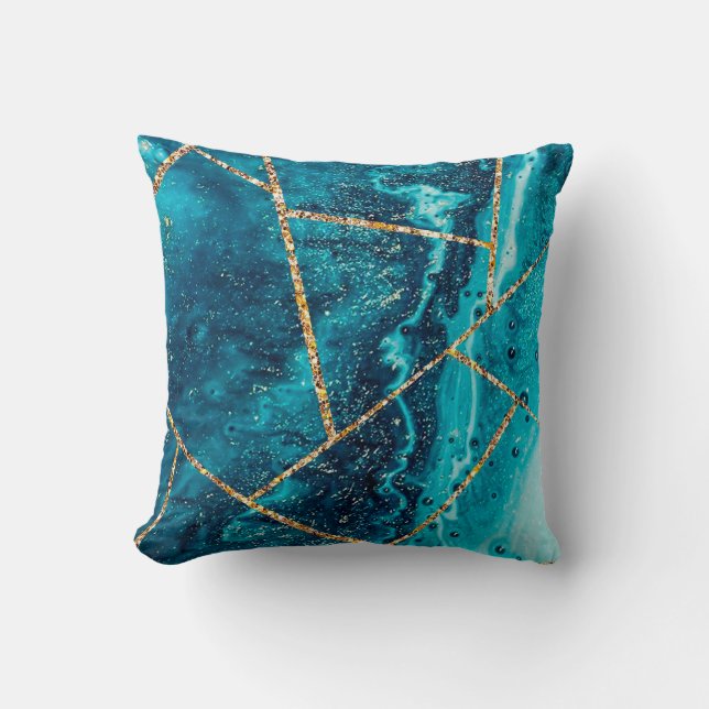 Stilvolle Navy Blue Gold Agate Geode Chic Monogram Kissen (Vorderseite)