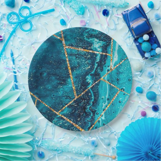 Stilvolle Navy Blue Gold Agate Geode Chic Monogram Pappteller (Party)