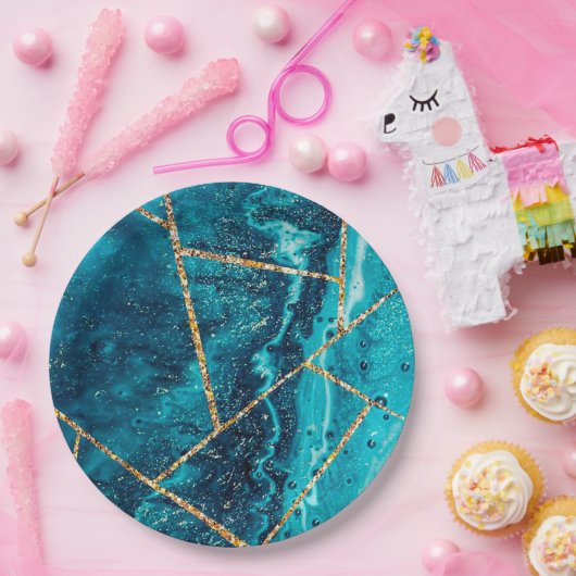 Stilvolle Navy Blue Gold Agate Geode Chic Monogram Pappteller (Party)