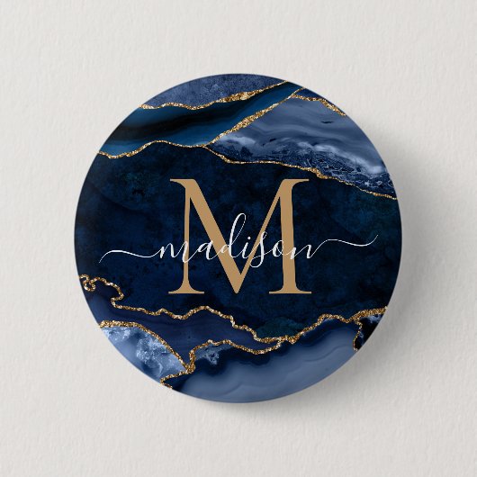 Stilvolle Navy Blue Gold Agate Geode Girly Monogra Button (Vorderseite)