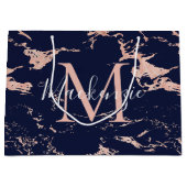 Stilvolle Navy Blue Marmor Rose Gold Foil Monogram Große Geschenktüte (Vorderseite)