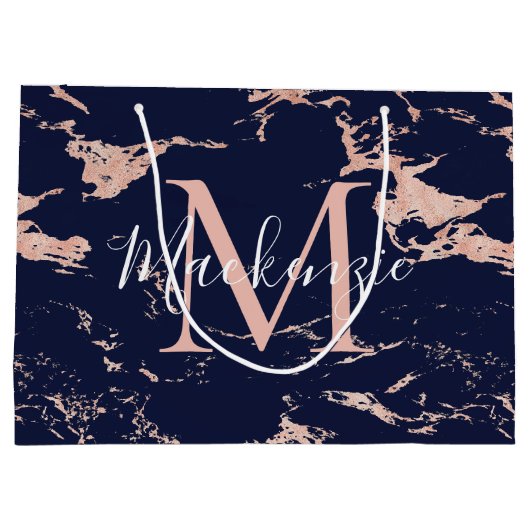 Stilvolle Navy Blue Marmor Rose Gold Foil Monogram Große Geschenktüte (Rückseite)