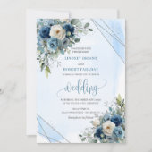 Stilvolle Navy Blue Silver White Roses Wedding Einladung (Vorderseite)