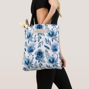 Stilvolle Navy Blue Watercolor Blume Muster Tasche