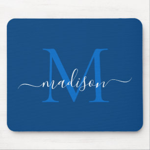 Stilvolle Navy Blue White Monogram Script Modern Mousepad