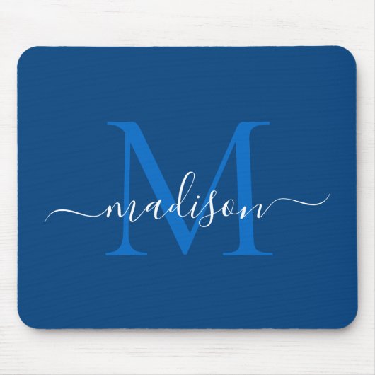 Stilvolle Navy Blue White Monogram Script Modern Mousepad (Vorne)