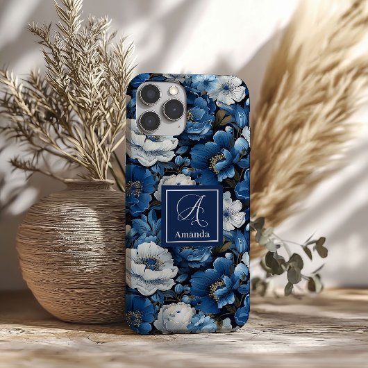 Stilvolle Navy Blumen iPhone Hülle Blaues Blumen D