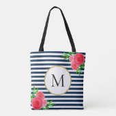 Stilvolle Navy White Striped Coral Floral Monogram Tasche (Rückseite)