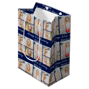 Stilvolle Navyblaue Happy Birthday Fotocollage Mittlere Geschenktüte