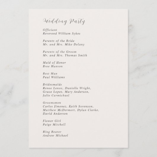 Stilvolle, neutrale Hochzeit Programm (Rückseite)