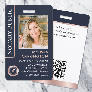 Stilvolle Notary Public Foto QR ID Blue Rose Gold Ausweis