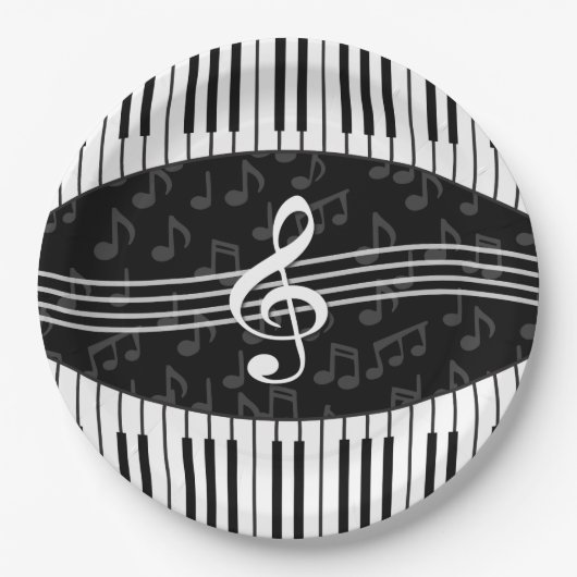Stilvolle Notenklammer und Klaviertasten Pappteller (Vorderseite)