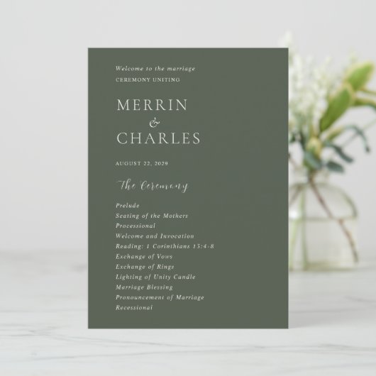 Stilvolle Olive Green Moderne Hochzeit Programm (Stehend Vorderseite)