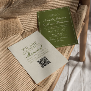 Stilvolle olivgrüne QR-Code-Hochzeit im Stil des a Einladung