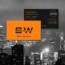 Stilvolle Orange Black Modern mit Monogram und Log Visitenkarte