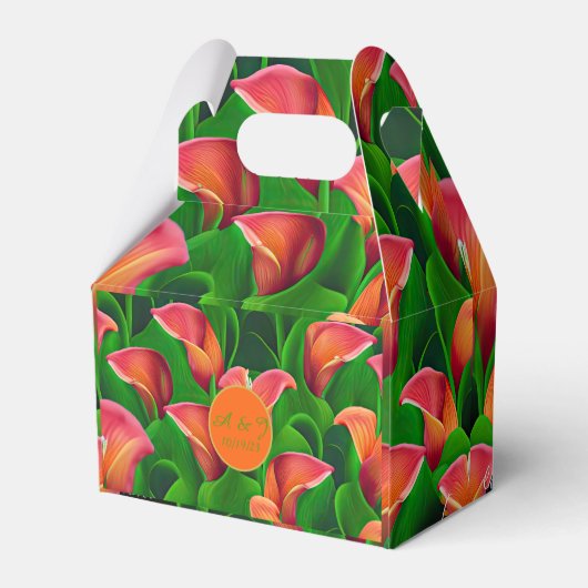 Stilvolle Orange Calla Lilies und grüne Botanicals Geschenkschachtel (Rückseite)